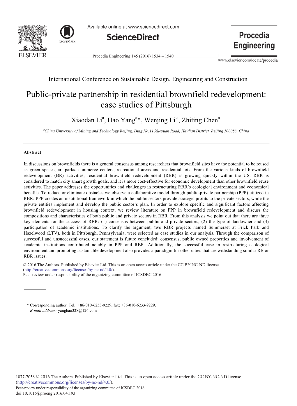 Public-Private Partnership in Residential Brownfield Redevelopment: Case Studies of Pittsburgh