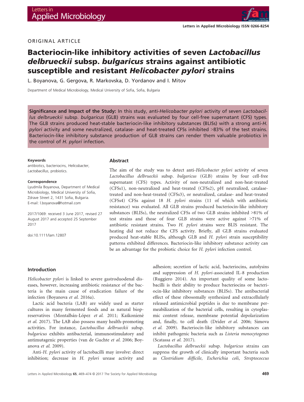 Bacteriocin‐Like Inhibitory Activities of Seven Lactobacillus Delbrueckii