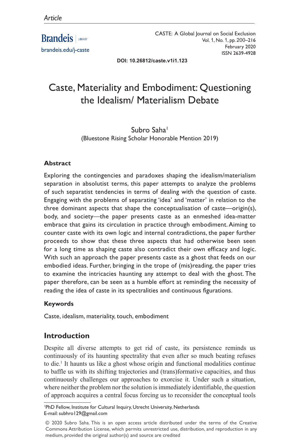 Caste, Materiality and Embodiment: Questioning the Idealism/ Materialism Debate