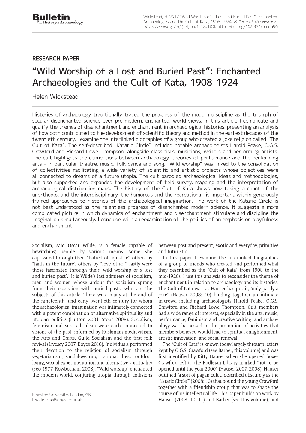 Wild Worship of a Lost and Buried Past”: Enchanted Bofulletin the History of Archaeology Archaeologies and the Cult of Kata, 1908–1924