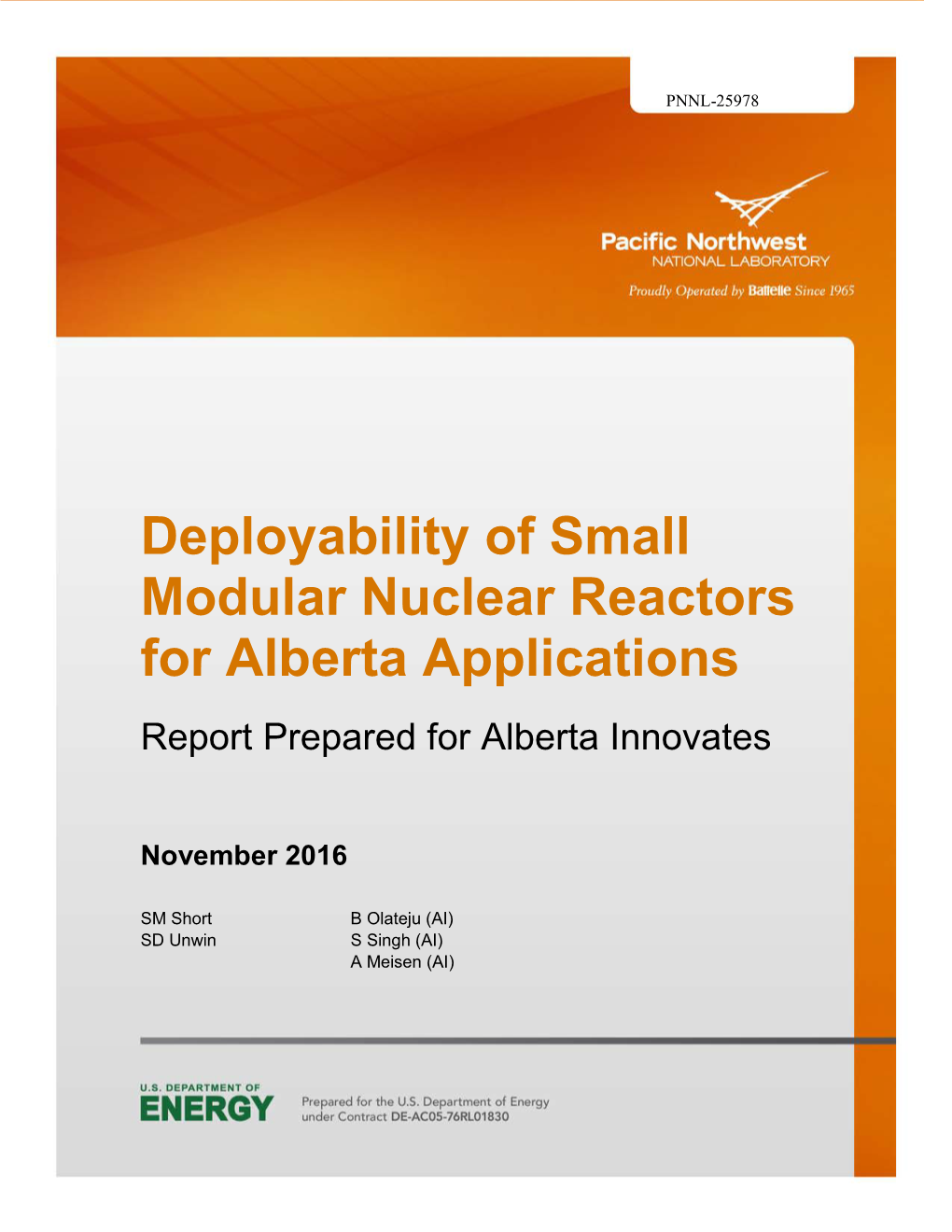 Deployability of Small Modular Nuclear Reactors for Alberta Applications Report Prepared for Alberta Innovates