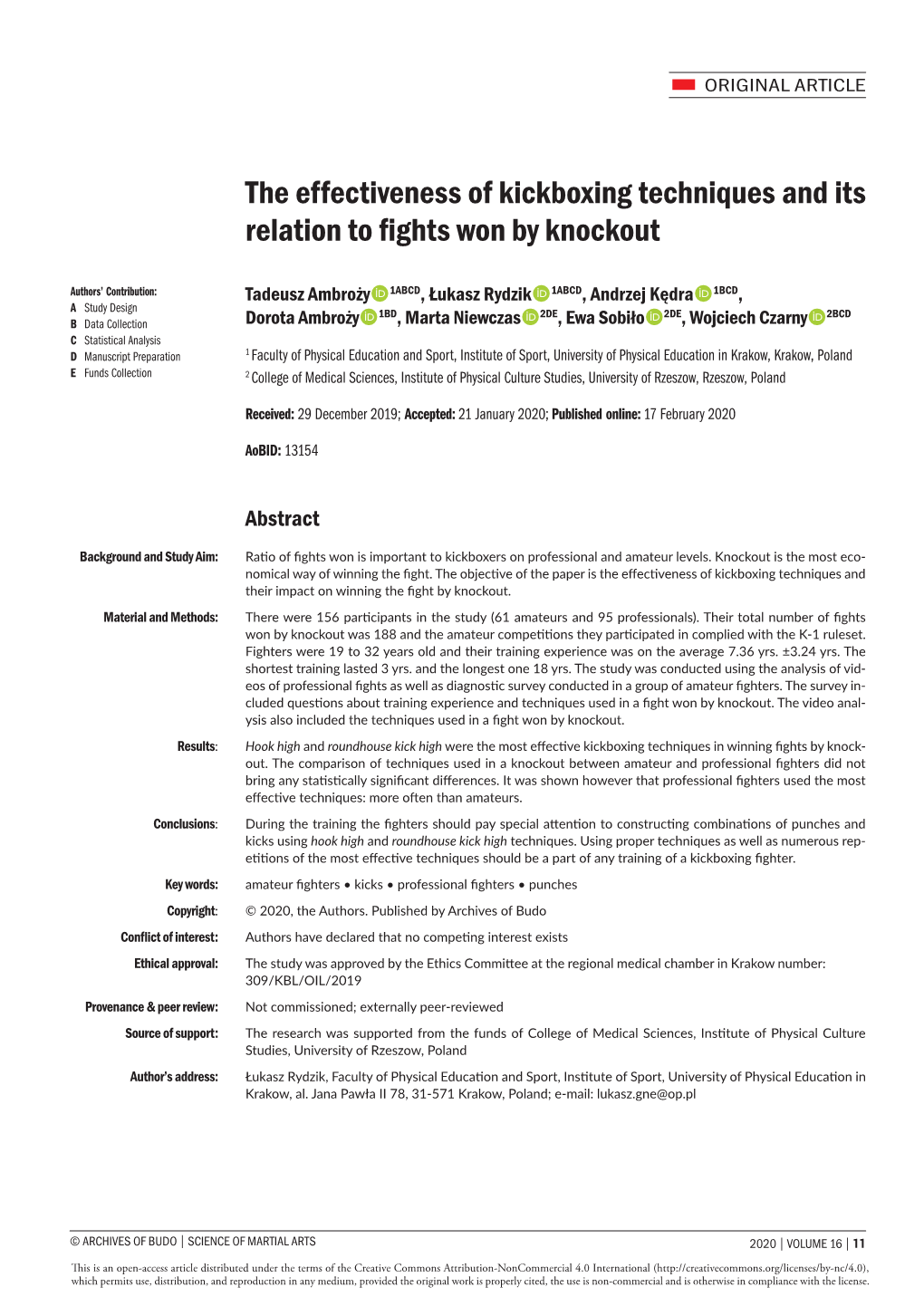 The Effectiveness of Kickboxing Techniques and Its Relation to Fights Won by Knockout