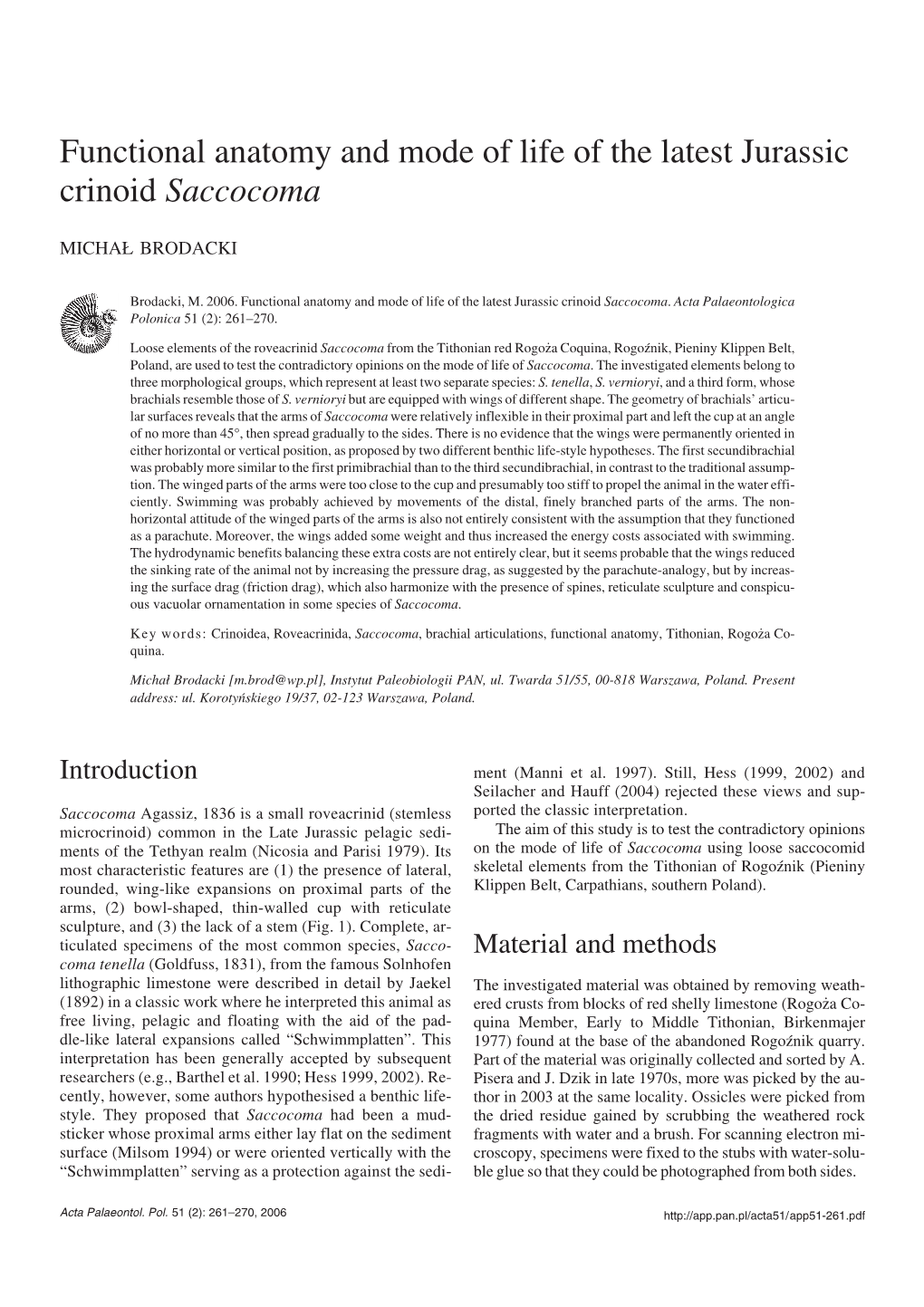 Functional Anatomy and Mode of Life of the Latest Jurassic Crinoid Saccocoma