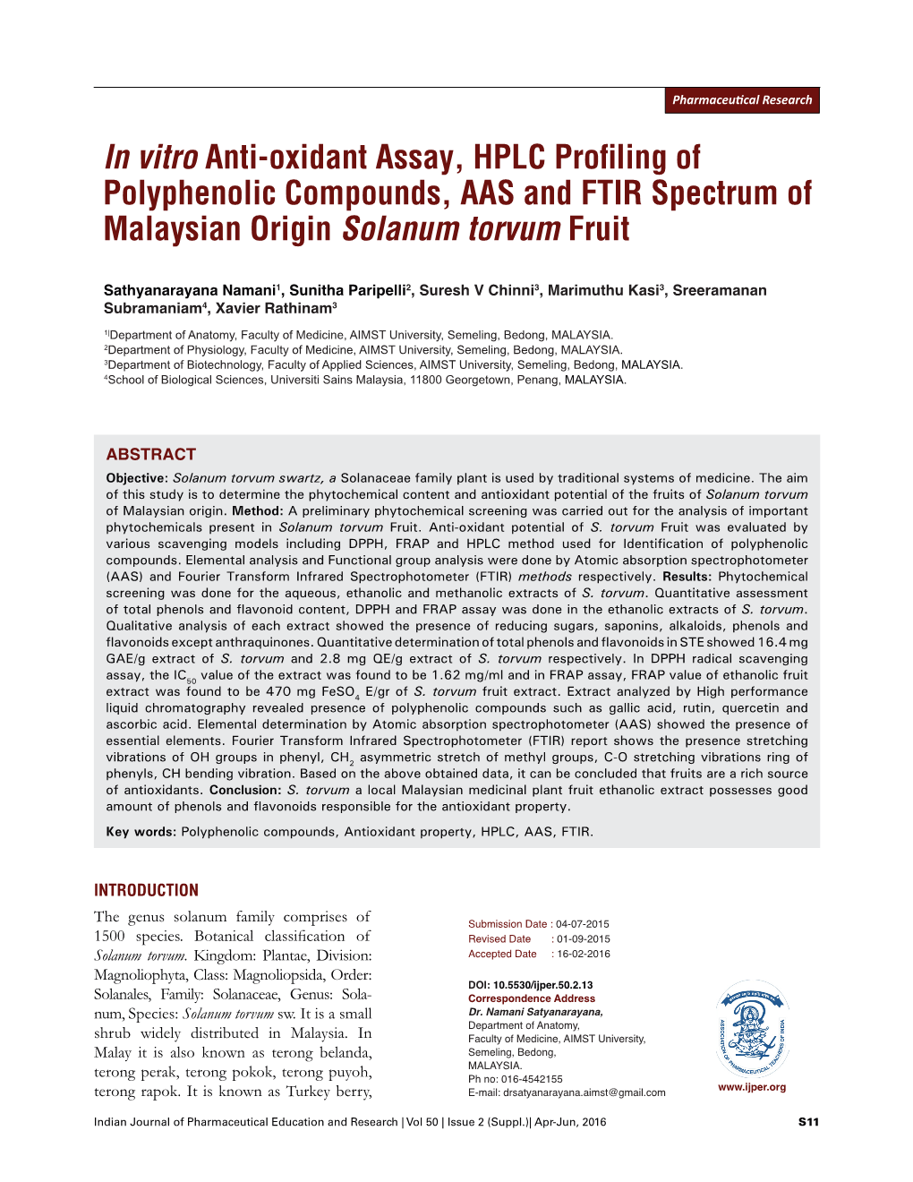 In Vitro Anti-Oxidant Assay, HPLC Profiling of Polyphenolic Compounds, AAS and FTIR Spectrum of Malaysian Origin Solanum Torvum Fruit