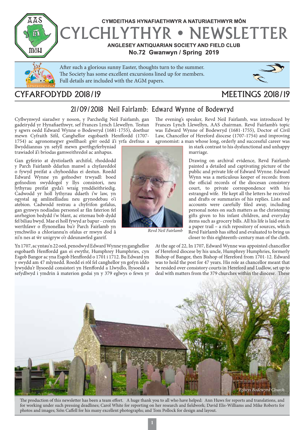 CYLCHLYTHYR • NEWSLETTER ANGLESEY ANTIQUARIAN SOCIETY and FIELD CLUB No.72 Gwanwyn / Spring 2019