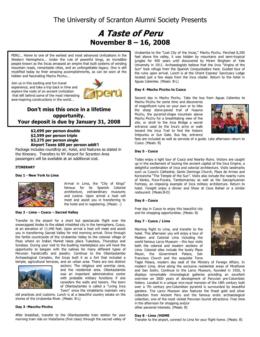 A Taste of Peru November 8 – 16, 2008