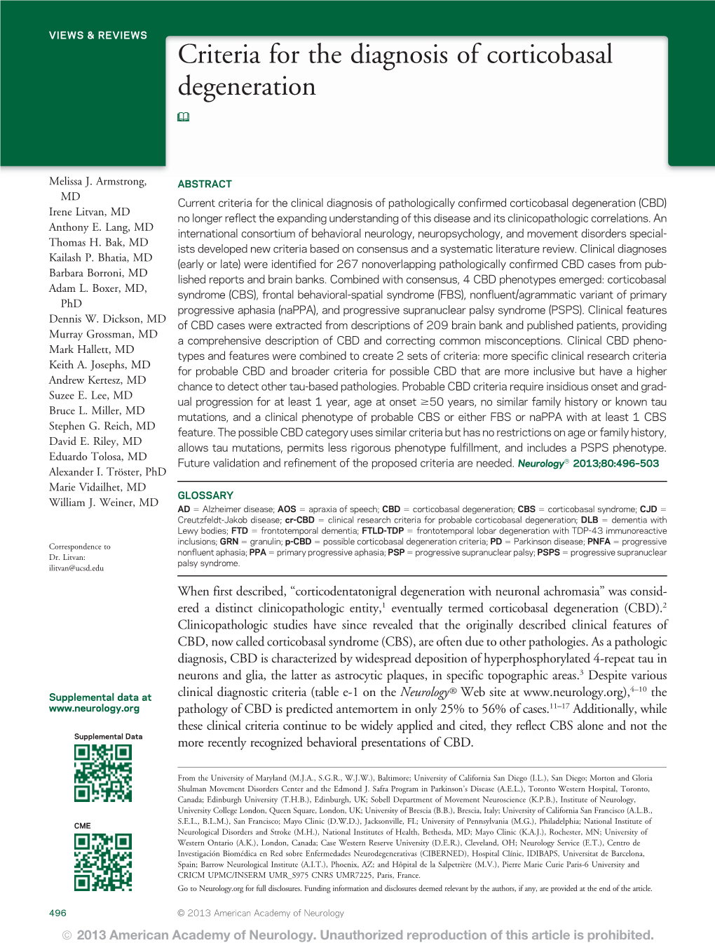 Criteria for the Diagnosis of Corticobasal Degeneration