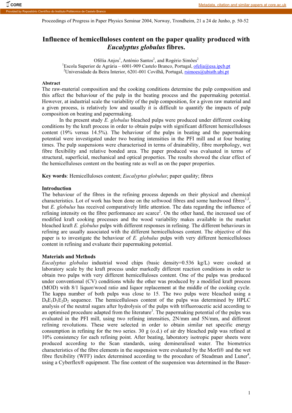 Influence of Hemicelluloses Content on the Paper Quality Produced with Eucalyptus Globulus Fibres