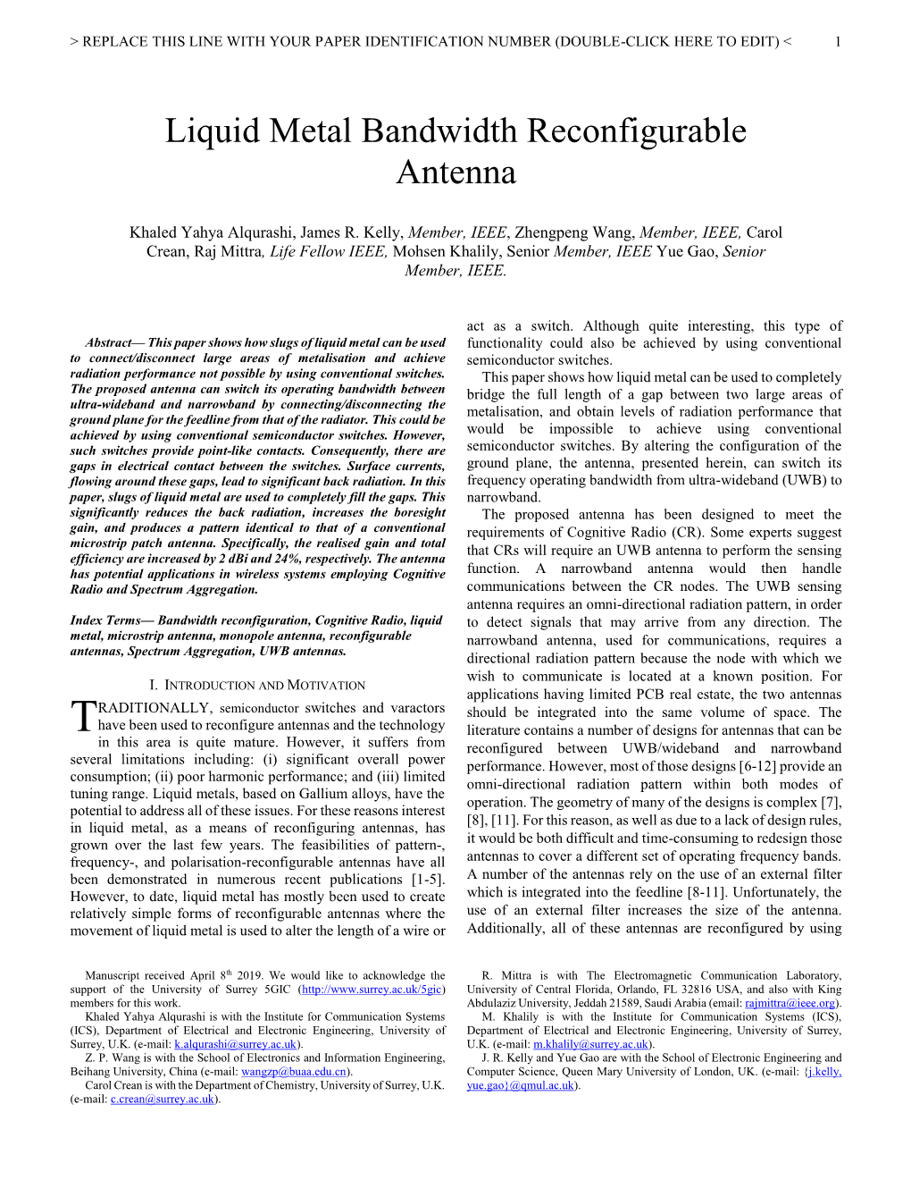 Liquid Metal Bandwidth Reconfigurable Antenna