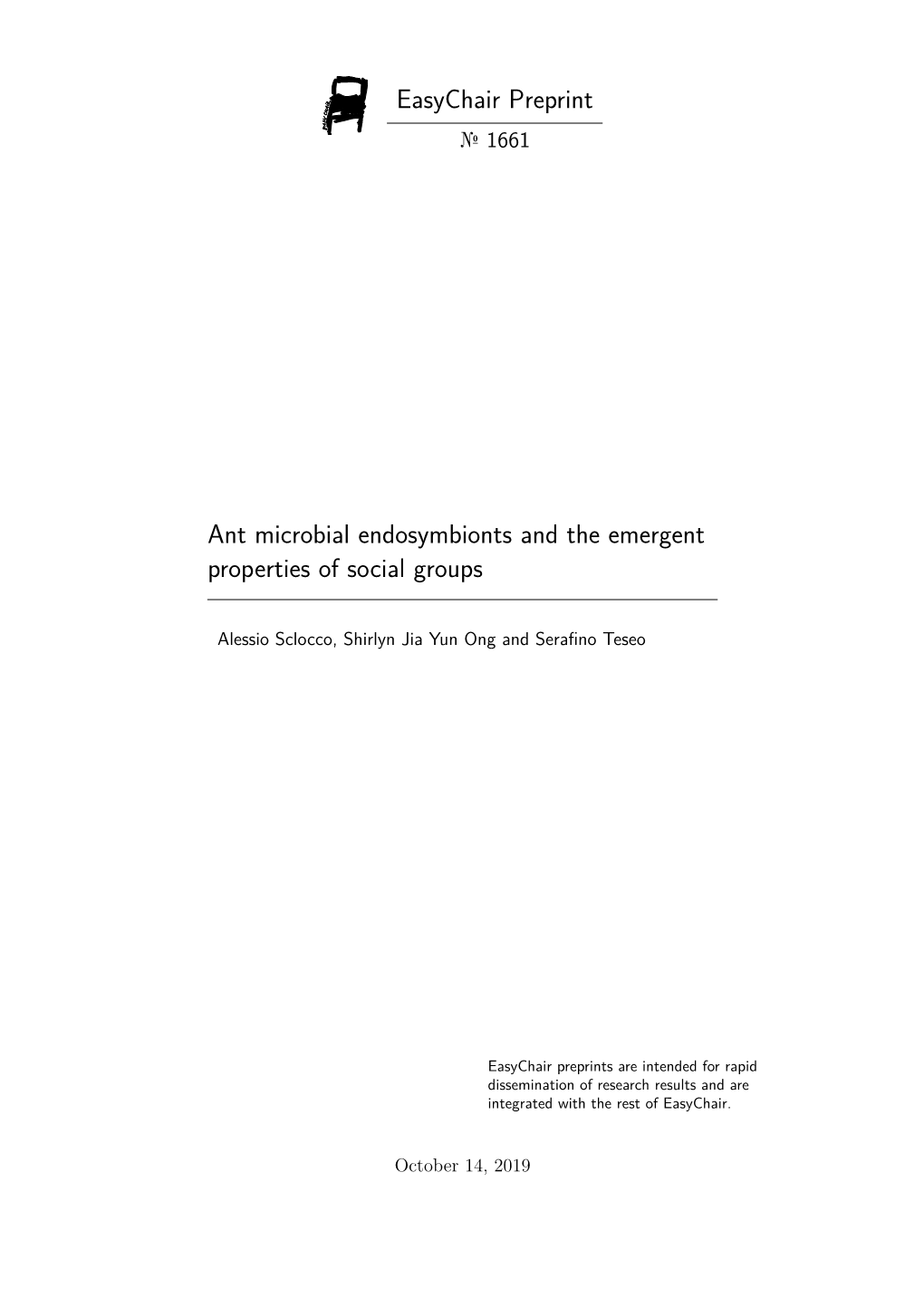 Easychair Preprint Ant Microbial Endosymbionts and the Emergent