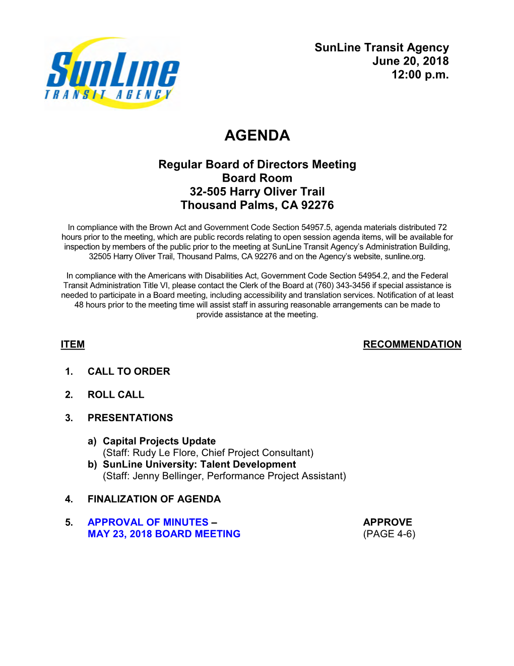 Sunline Transit Agency Board of Directors Agenda for 20 June 2018