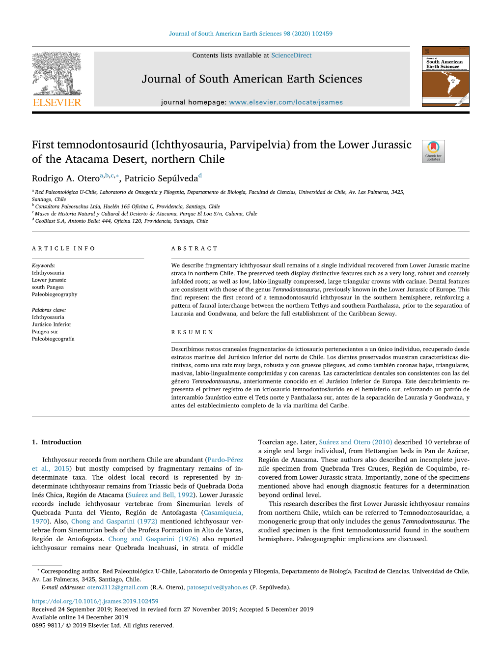 Ichthyosauria, Parvipelvia) from the Lower Jurassic of the Atacama Desert, Northern Chile T