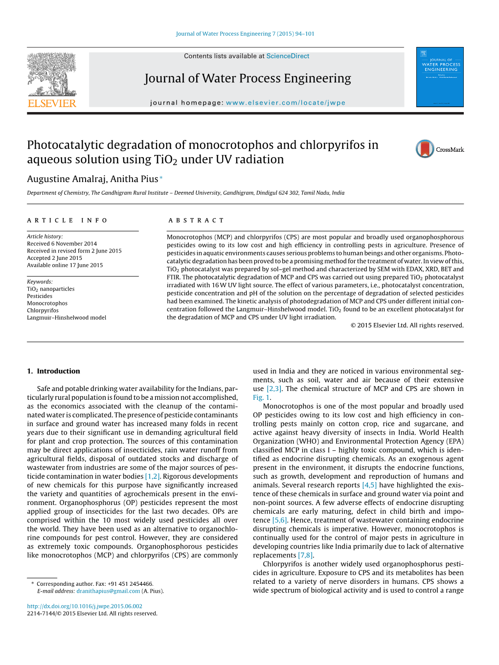 Photocatalytic Degradation of Monocrotophos and Chlorpyrifos In