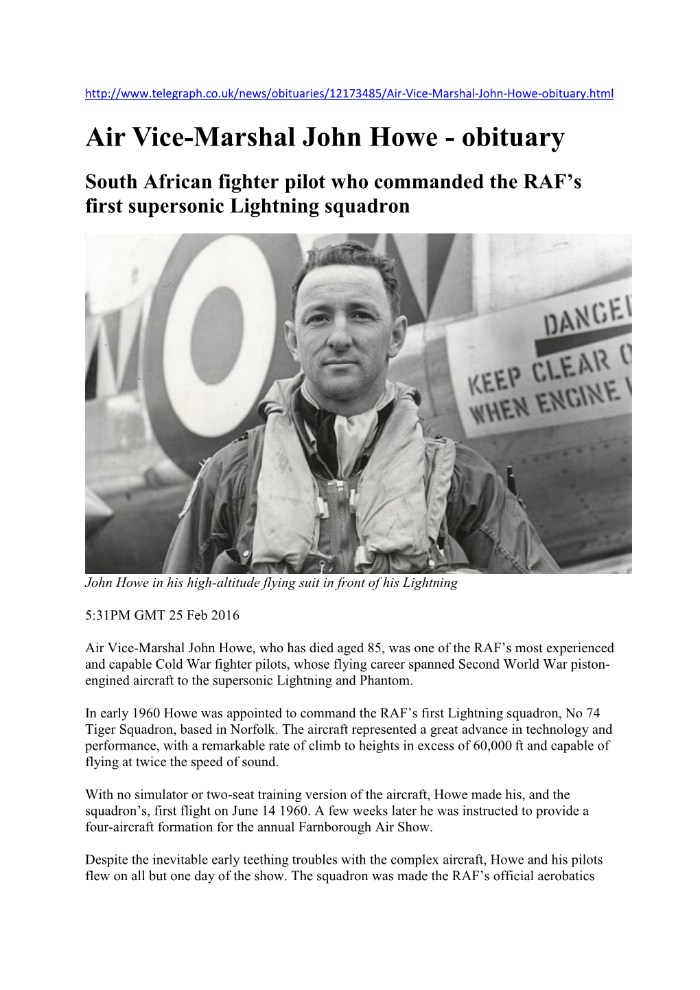 Air Vice-Marshal John Howe - Obituary South African Fighter Pilot Who Commanded the RAF’S First Supersonic Lightning Squadron