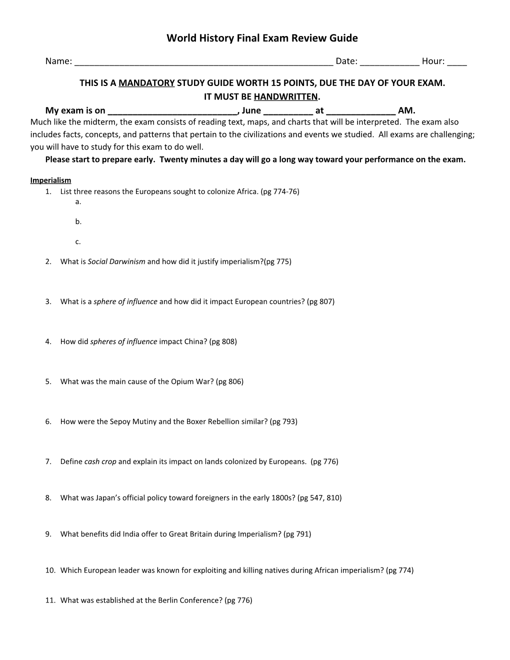 World History Final Exam Review Guide