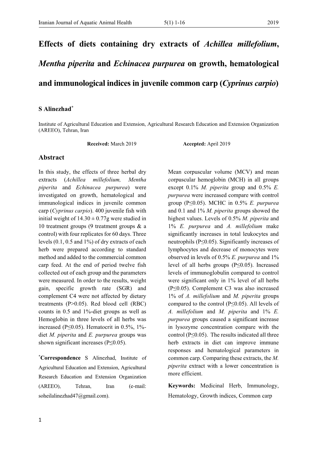 Effects of Diets Containing Dry Extracts of Achillea Millefolium, Mentha