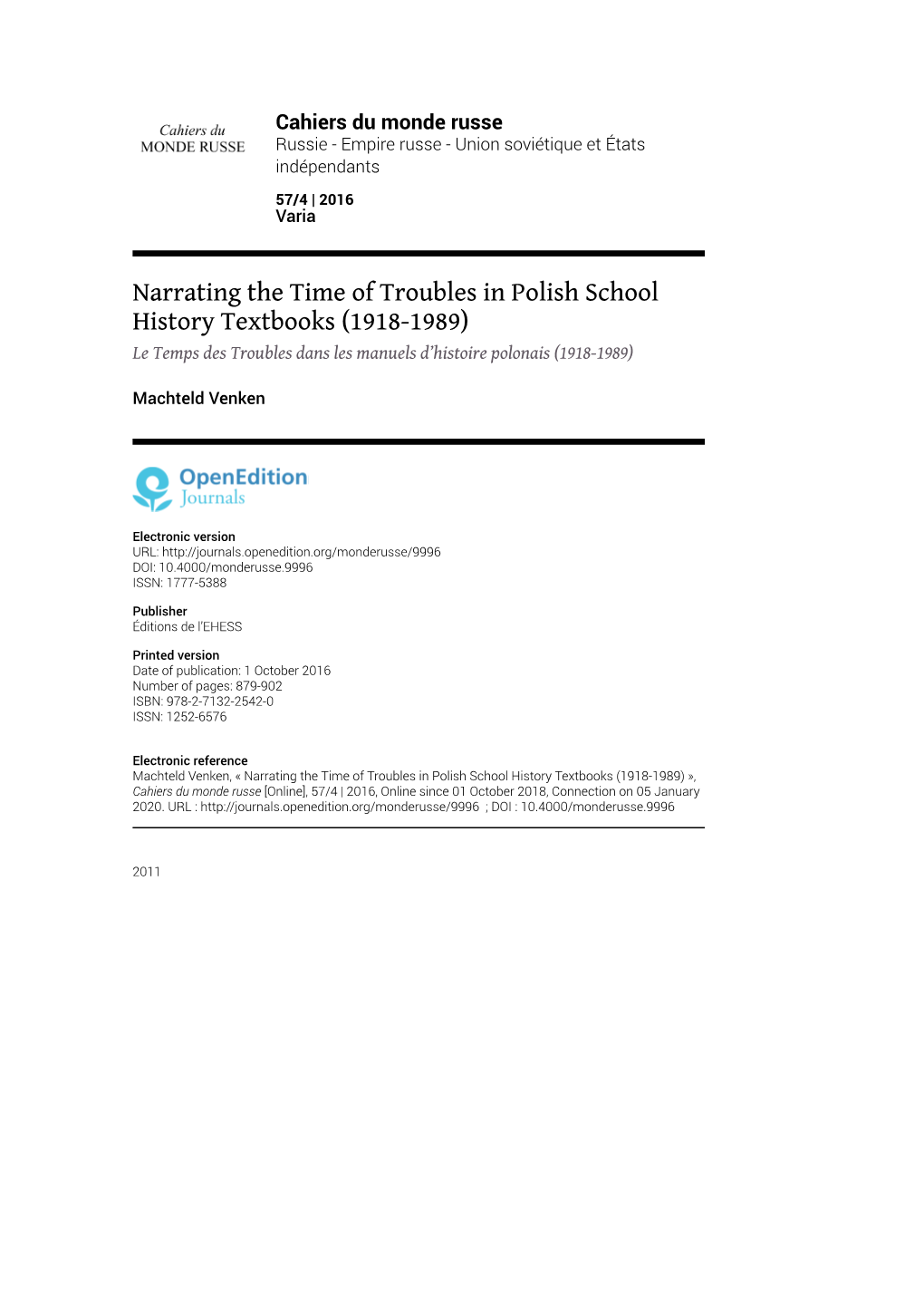 Narrating the Time of Troubles in Polish School History Textbooks (1918‑1989) Le Temps Des Troubles Dans Les Manuels D’Histoire Polonais (1918‑1989)