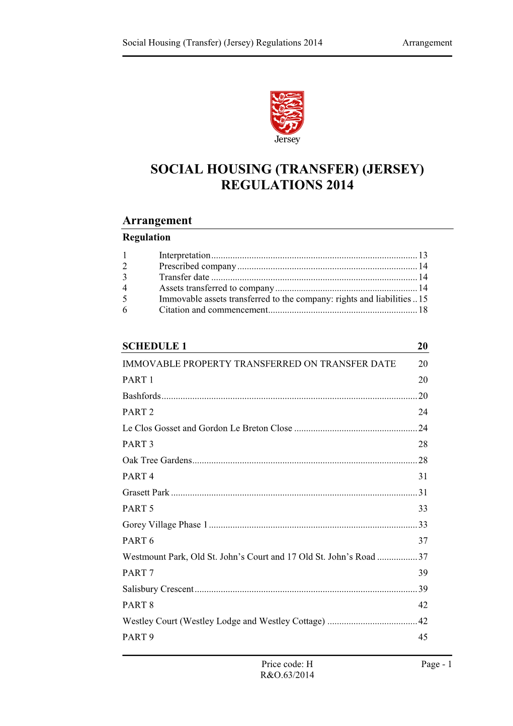 Social Housing (Transfer) (Jersey) Regulations 2014 Arrangement