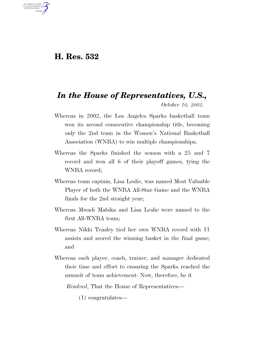 H. Res. 532 in the House of Representatives, U.S