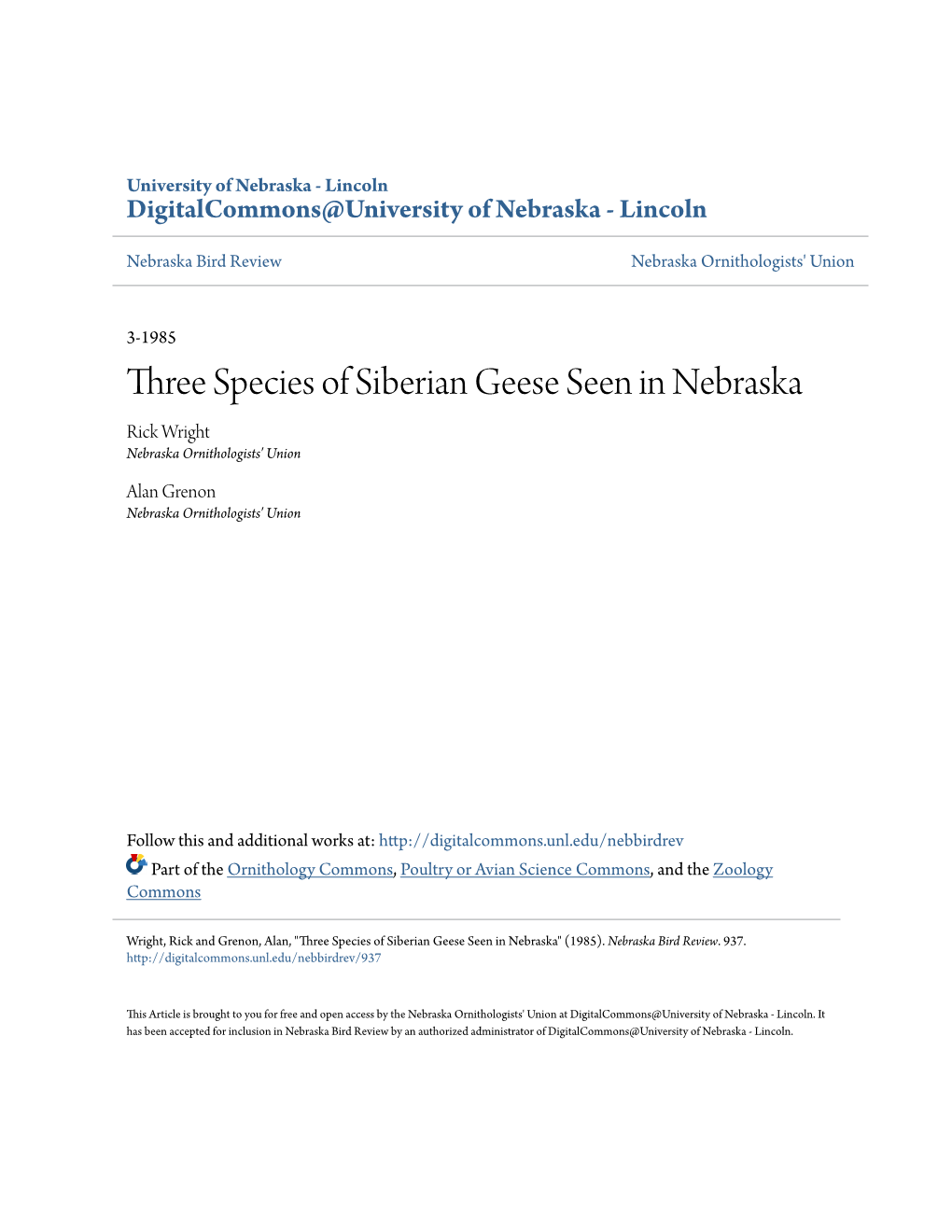 Three Species of Siberian Geese Seen in Nebraska Rick Wright Nebraska Ornithologists' Union