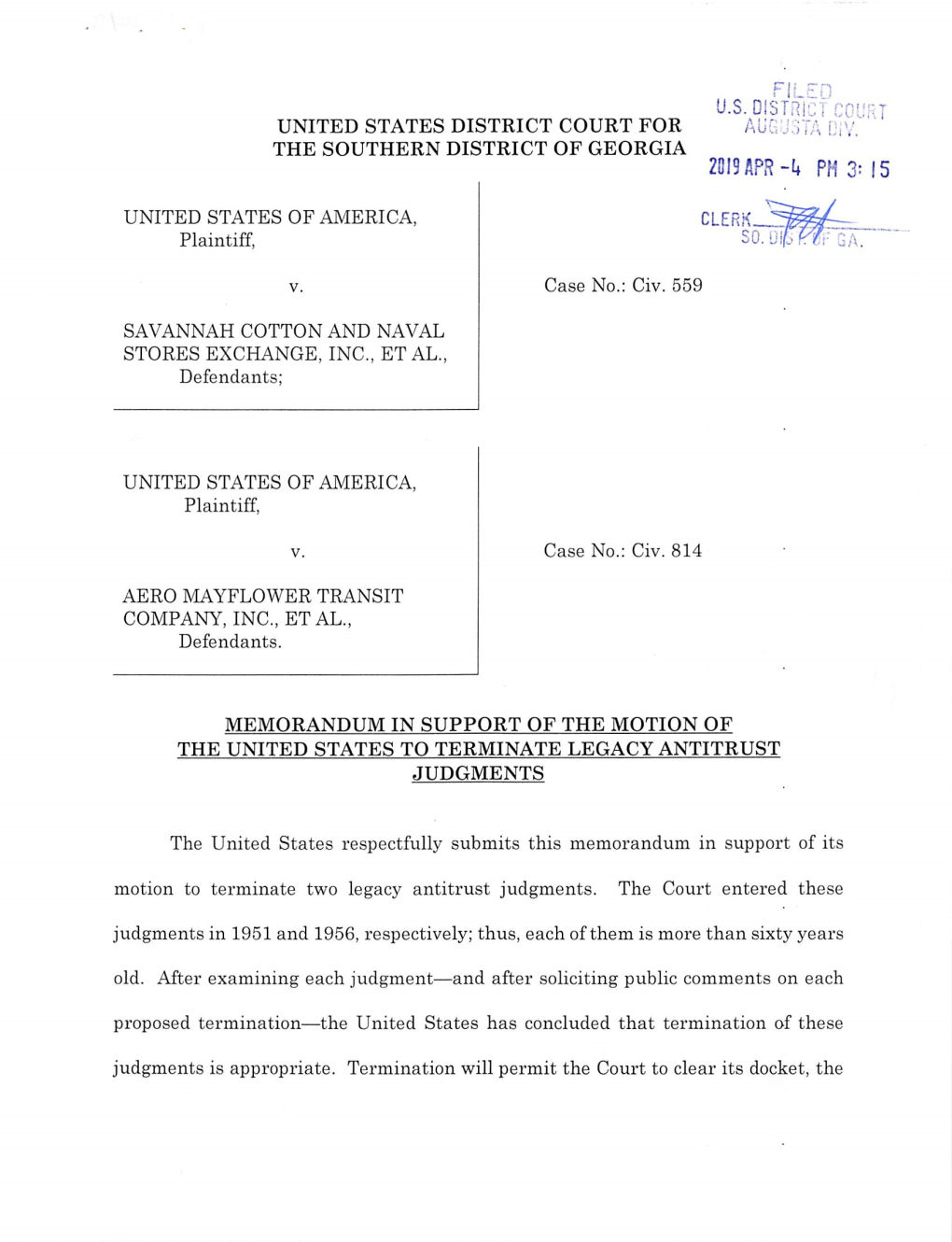 Memorandum in Support of the Motion of the United States to Terminate Legacy Antitrust Judgments