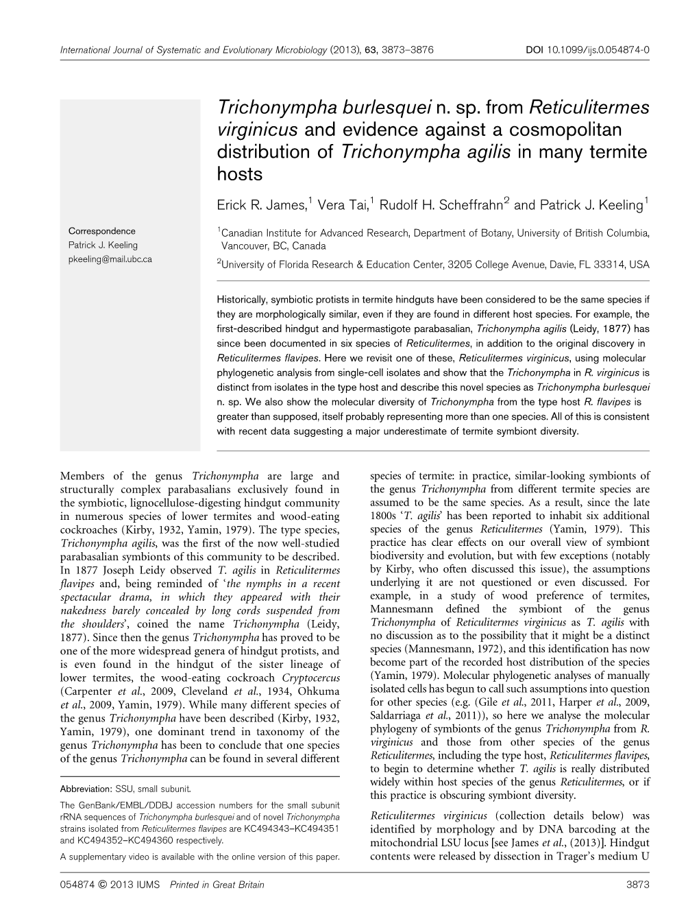 Trichonympha Burlesquei N. Sp. from Reticulitermes Virginicus and Evidence Against a Cosmopolitan Distribution of Trichonympha Agilis in Many Termite Hosts