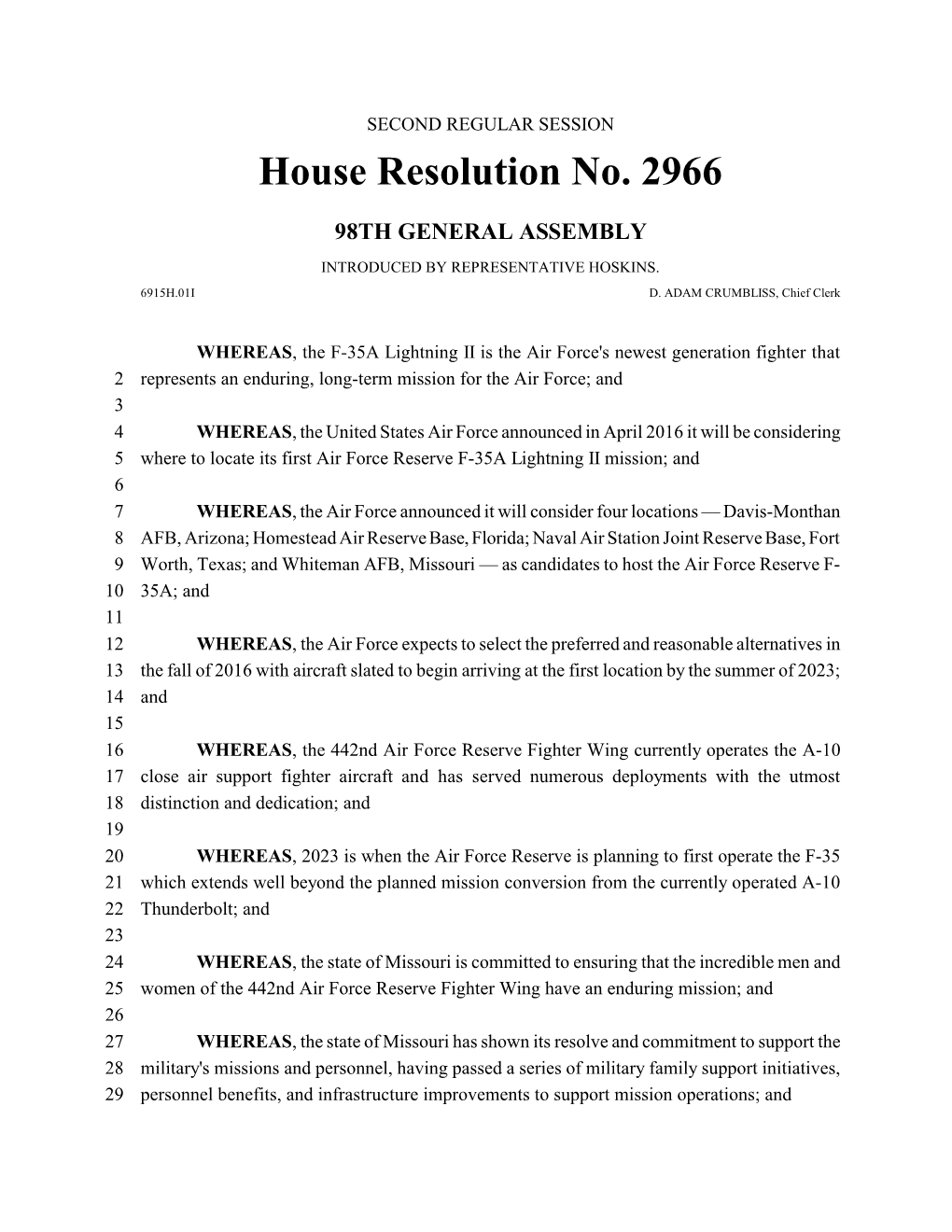 House Resolution No. 2966