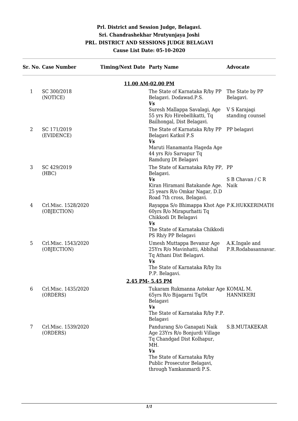 Prl. District and Session Judge, Belagavi. Sri