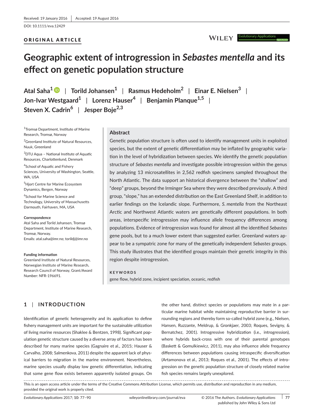 Geographic Extent of Introgression in Sebastes Mentella and Its Effect on Genetic Population Structure