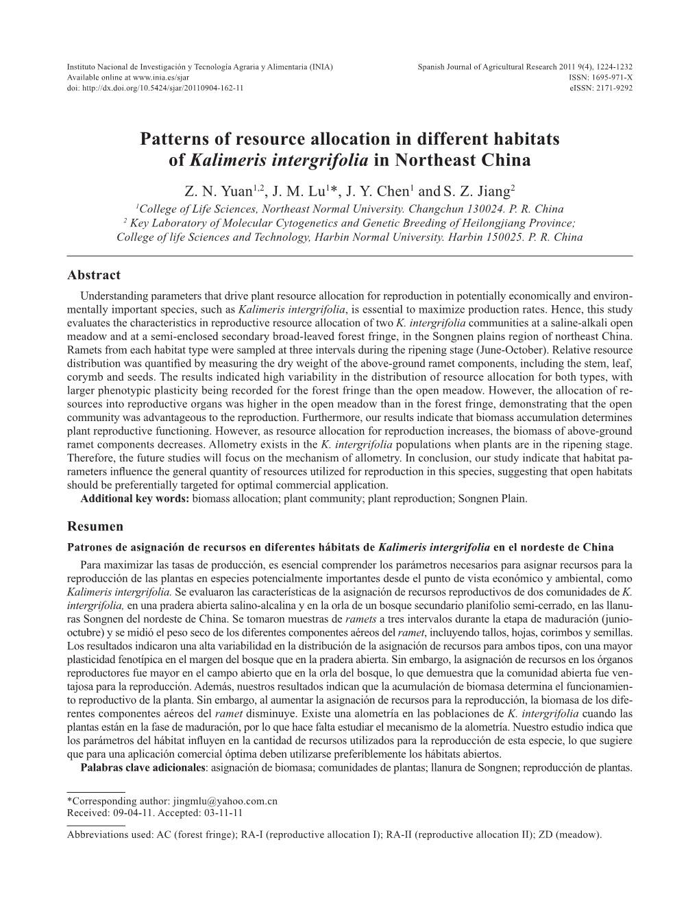 Patterns of Resource Allocation in Different Habitats of Kalimeris Intergrifolia in Northeast China Z