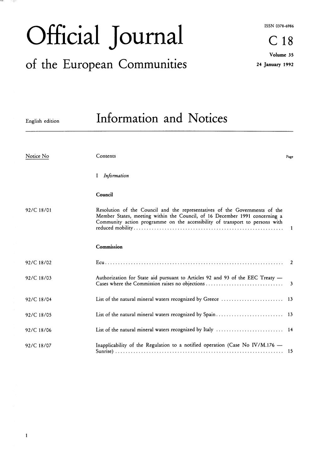 Official Journal C 18 Volume 35 of the European Communities 24 January 1992