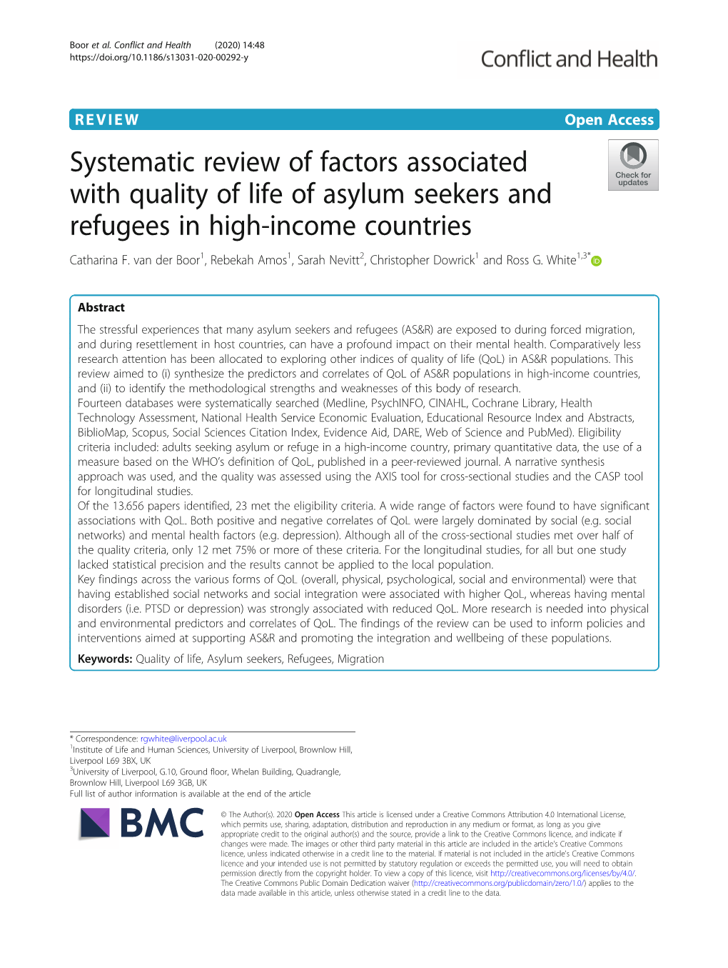 Systematic Review of Factors Associated with Quality of Life of Asylum Seekers and Refugees in High-Income Countries Catharina F