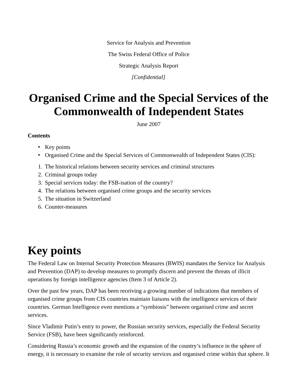 Organised Crime and the Special Services of the Commonwealth of Independent States June 2007 Contents