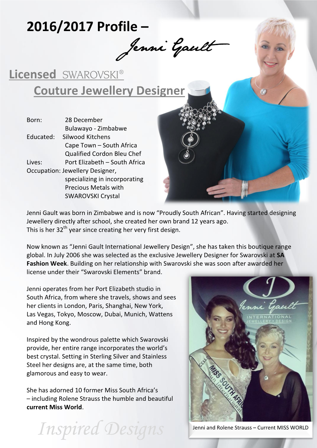 Inspired Designs Jenni and Rolene Strauss – Current MISS WORLD ® SWAROVSKI World Jewellery Facets