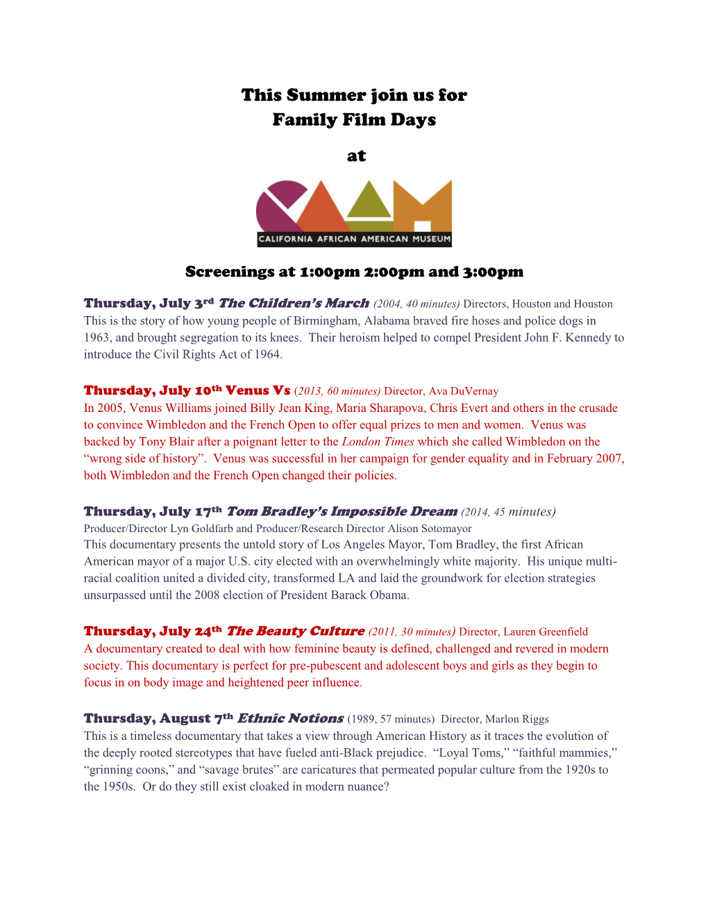 CAAM Family Film Days