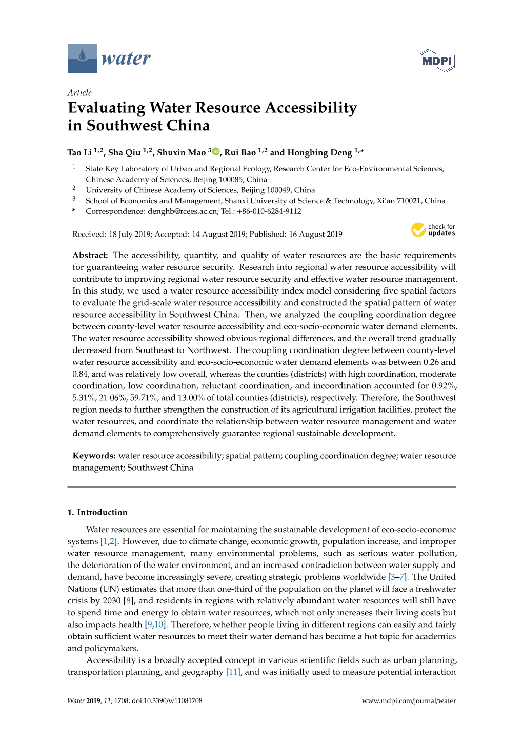 Evaluating Water Resource Accessibility in Southwest China