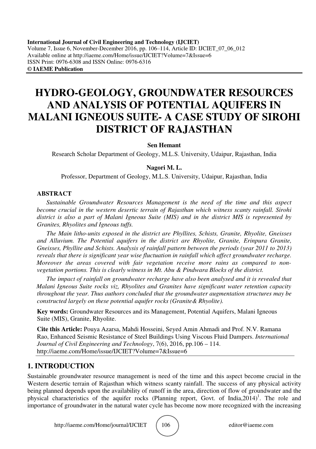 Hydro-Geology, Groundwater Resources and Analysis of Potential Aquifers in Malani Igneous Suite- a Case Study of Sirohi District of Rajasthan