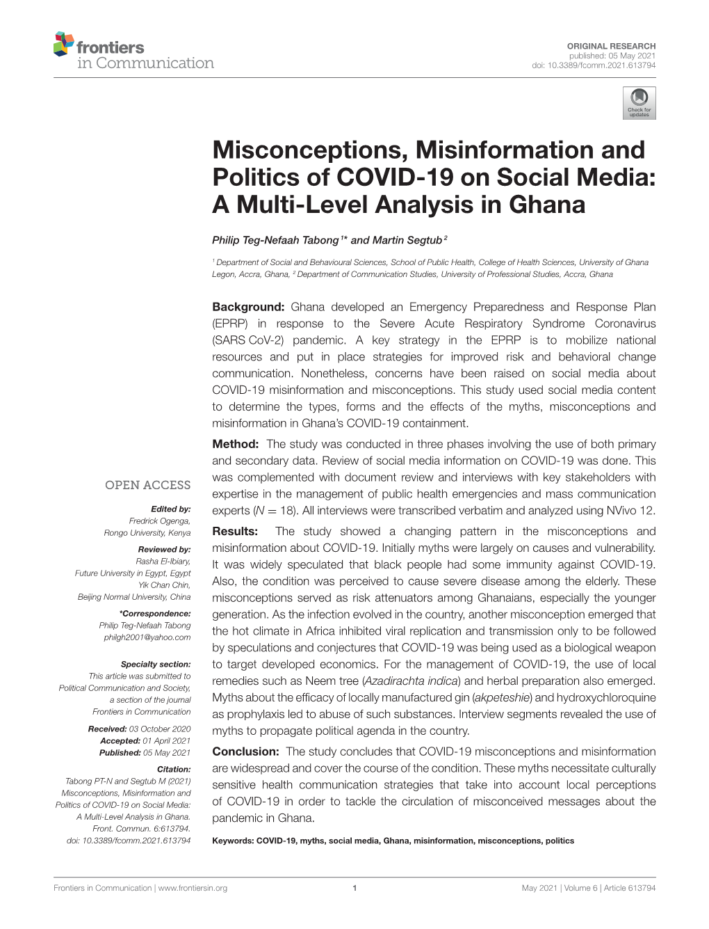 Misconceptions, Misinformation and Politics of COVID-19 on Social Media: a Multi-Level Analysis in Ghana