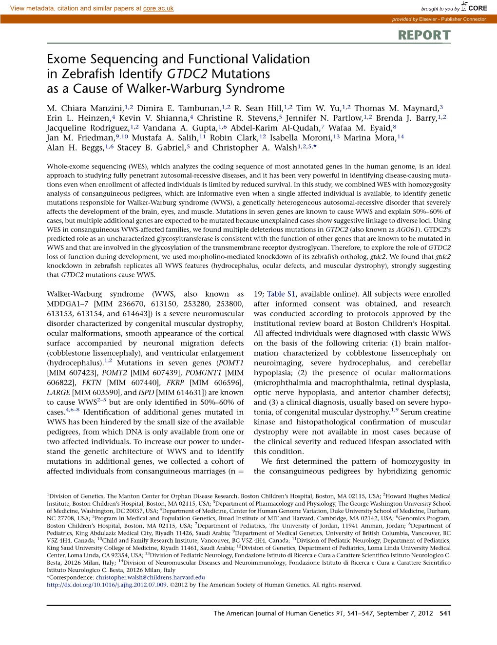 Exome Sequencing and Functional Validation in Zebrafish Identify