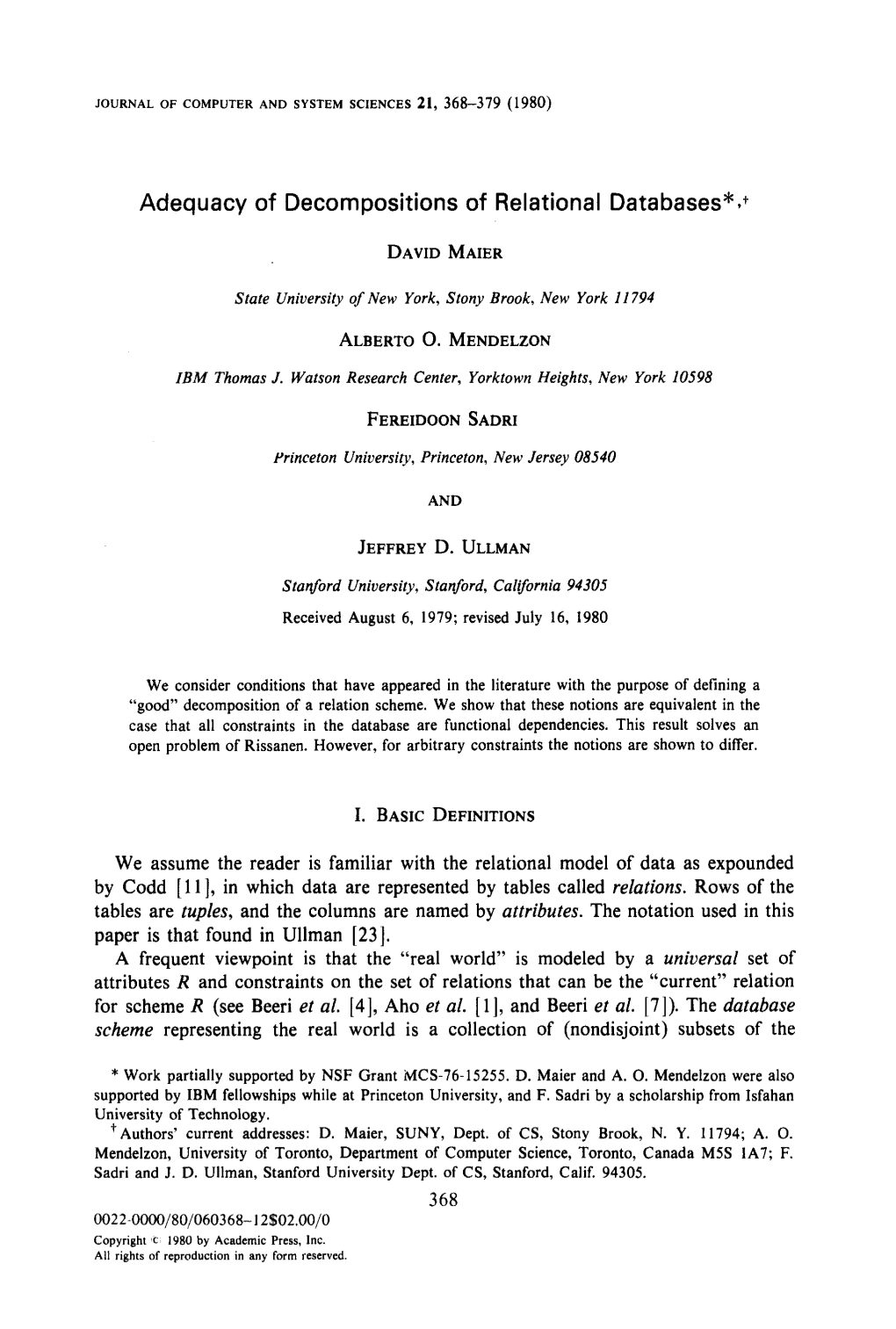 Adequacy of Decompositions of Relational Databases*9+