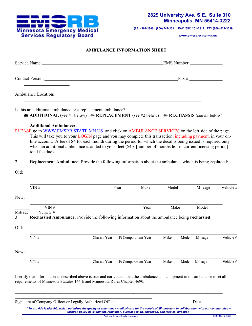 New/Replacement Ambulance Information Sheet