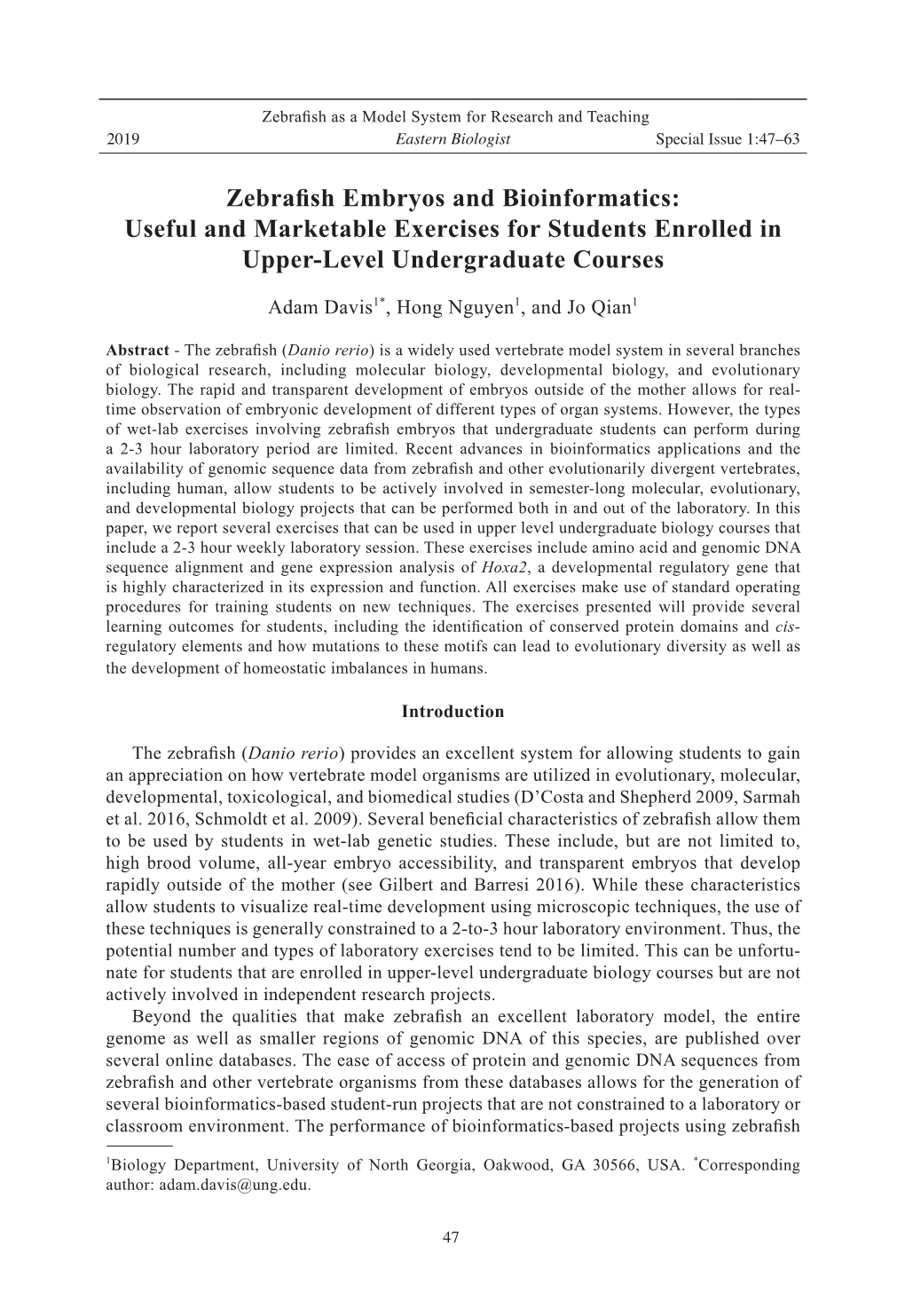 Zebrafish Embryos and Bioinformatics: Useful and Marketable Exercises for Students Enrolled in Upper-Level Undergraduate Courses