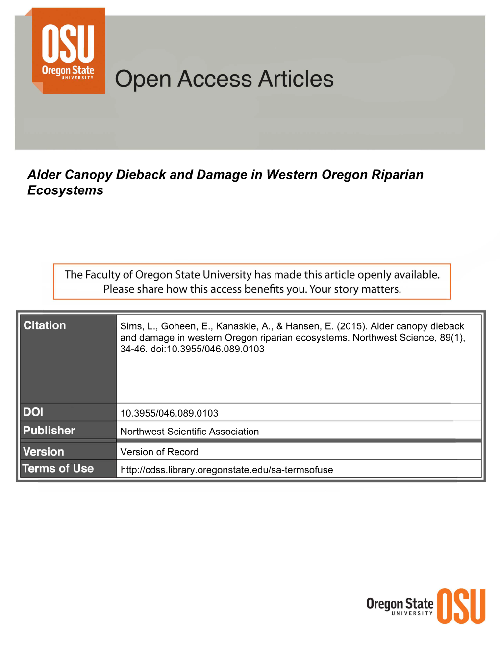 Alder Canopy Dieback and Damage in Western Oregon Riparian Ecosystems