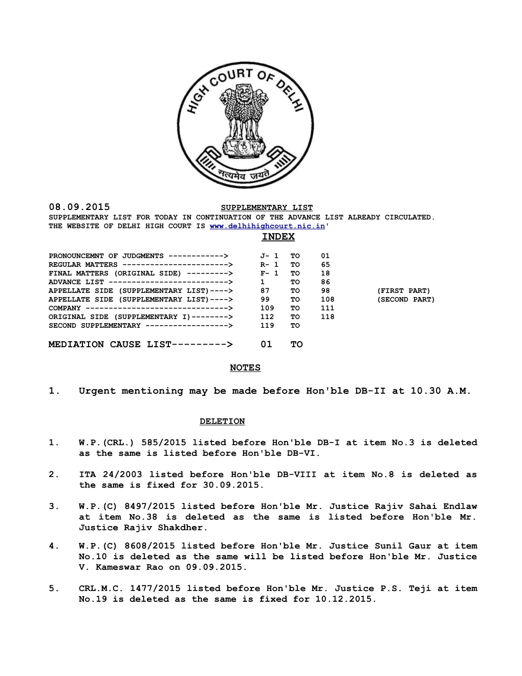 08.09.2015 Mediation Cause List