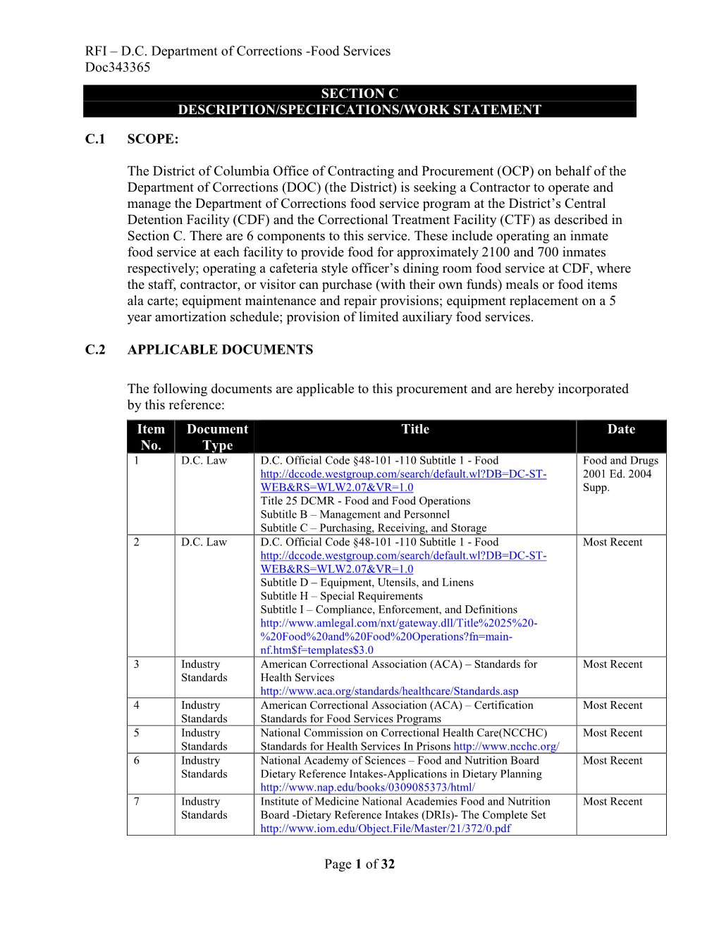 RFI – D.C. Department of Corrections -Food Services Doc343365 SECTION C DESCRIPTION/SPECIFICATIONS/WORK STATEMENT