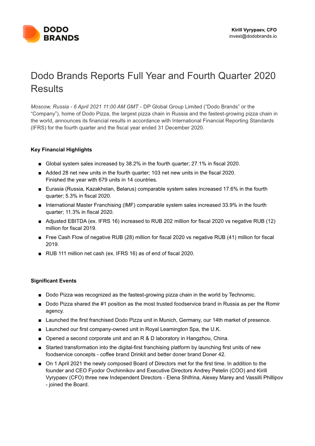 Dodo Brands FY 2020 Earnings Release