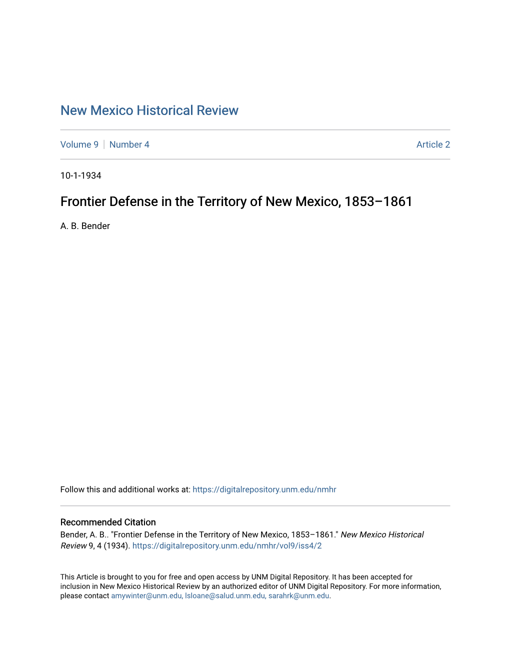 Frontier Defense in the Territory of New Mexico, 1853–1861