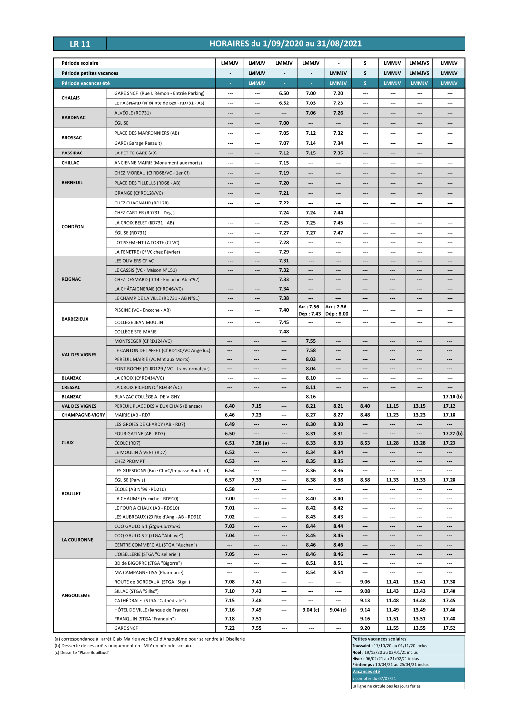 LR 11 HORAIRES Du 1/09/2020 Au 31/08/2021