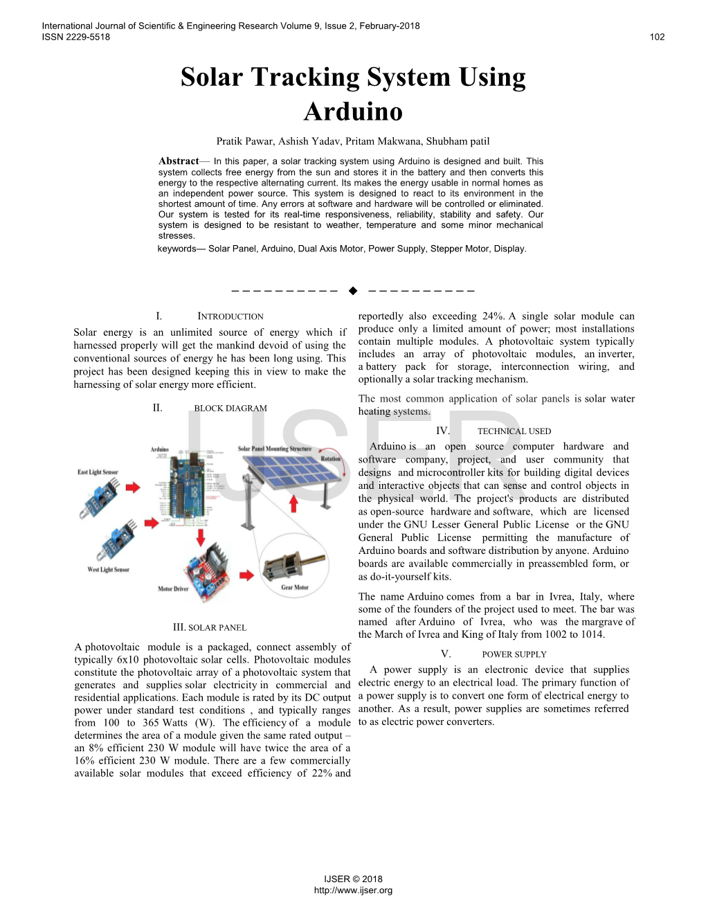 Solar Tracking System Using Arduino Pratik Pawar, Ashish Yadav, Pritam Makwana, Shubham Patil