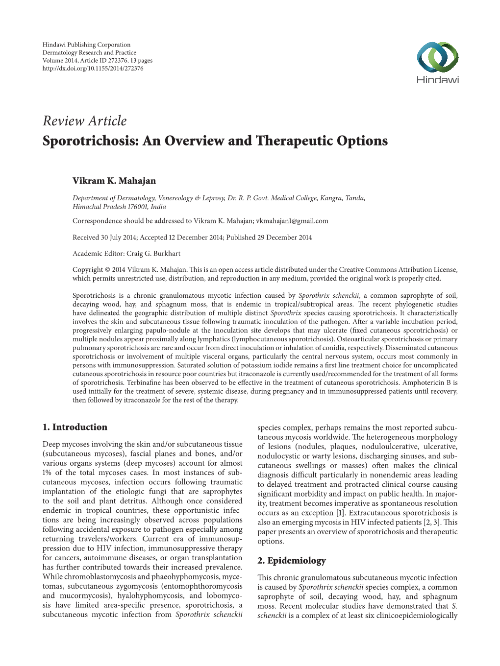 Review Article Sporotrichosis: an Overview and Therapeutic Options